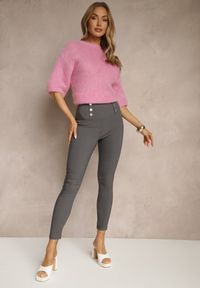 Renee - Szare Legginsy High Waist z Ozdobnymi Guzikami Kolowenia. Okazja: na co dzień. Stan: podwyższony. Kolor: szary. Styl: elegancki, casual