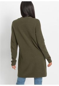 Długi sweter bez zapięcia bonprix ciemnooliwkowy. Kolor: zielony. Długość: długie. Wzór: prążki. Styl: elegancki #7