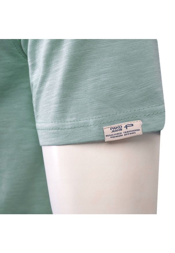 T-Shirt, Dekolt na Guziki -Pako Jeans- Lekki Melanż - Miętowa. Okazja: na co dzień. Kolor: miętowy. Materiał: bawełna. Wzór: melanż. Styl: casual