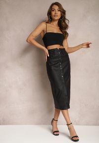 Renee - Czarna Spódnica z Ekoskóry High Waist z Rozcięciem i Napami z Przodu Asttia. Okazja: na co dzień. Stan: podwyższony. Kolor: czarny. Materiał: bawełna. Sezon: jesień, zima. Styl: casual, elegancki