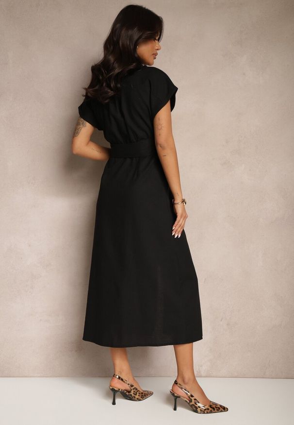 Renee - Czarna Koszulowa Sukienka z Bawełny na Krótki Rękaw z Materiałowym Paskiem Celirna. Kolor: czarny. Materiał: bawełna, materiał. Długość rękawa: krótki rękaw. Typ sukienki: koszulowe