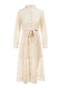 Born2be - Jasnobeżowa Sukienka Eudoreia. Typ kołnierza: kołnierzyk stójkowy. Kolor: beżowy. Wzór: ażurowy, aplikacja. Typ sukienki: rozkloszowane. Materiał: bawełna, materiał, koronka. Długość rękawa: długi rękaw. Sezon: lato. Styl: elegancki, boho. Długość: midi #6