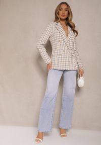 Renee - Beżowa Casualowa Tweedowa Marynarka z Wszytymi Poduszkami na Ramionach Jaanes. Okazja: na co dzień. Kolor: beżowy. Materiał: bawełna, jeans. Wzór: aplikacja. Styl: casual #4