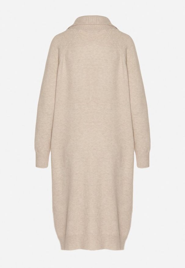 Born2be - Jasnobeżowa Sweterkowa Sukienka Pudełkowa z Bawełną i Wełną Ozdobiona Suwakiem Reimia. Okazja: na co dzień. Kolor: beżowy. Materiał: bawełna, wełna. Wzór: aplikacja. Styl: klasyczny, casual