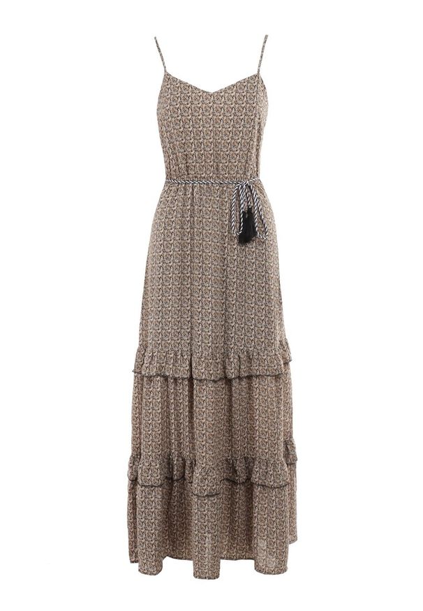 Born2be - Ciemnozielona Sukienka Darcy. Okazja: na co dzień. Typ kołnierza: kołnierz z falbankami. Kolor: zielony. Długość rękawa: na ramiączkach. Wzór: aplikacja. Sezon: lato. Styl: casual. Długość: maxi