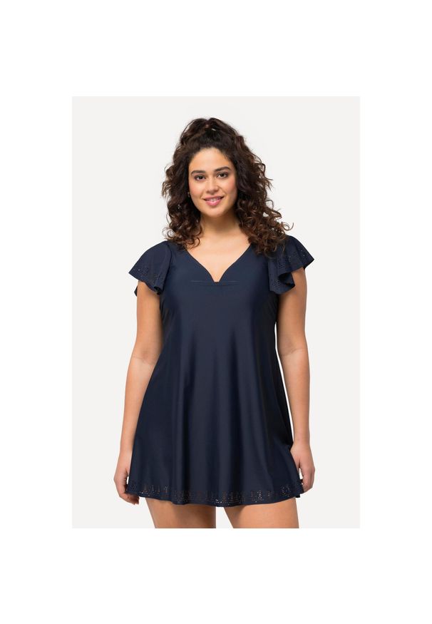 ULLA POPKEN - Damska Sukienka Kąpielowa rękawy motylki miękkie miseczki fiszbiny. Kolekcja: plus size. Kolor: niebieski. Materiał: elastan, poliamid, materiał