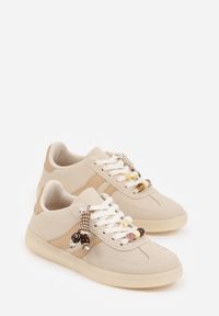 Born2be - Beżowe Sneakersy w Stylu Tenisówek z Koralikami Charnara. Okazja: na co dzień. Kolor: beżowy. Materiał: dresówka. Wzór: aplikacja #9