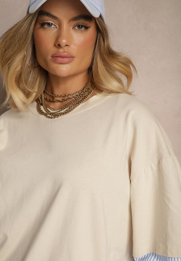 Renee - Beżowa Bawełniana Bluzka Ozdobiona Koszulowymi Rękawami w Paski Milseli. Okazja: na co dzień. Kolor: beżowy. Materiał: bawełna. Wzór: paski, aplikacja. Styl: casual