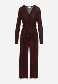 Born2be - Bordowy Taliowany Kombinezon z Wiskozą Ozdobiony Paskiem i Metaliczną Nicią Lilanna. Okazja: na co dzień, na imprezę. Kolor: czerwony. Materiał: wiskoza. Wzór: aplikacja. Styl: casual, elegancki #5