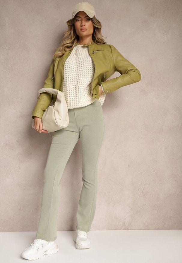 Renee - Jasnozielone Spodnie o Kroju Dzwonów z Bawełną Gumką w Talii i Imitacją Suwaka Mialyse. Kolor: zielony. Materiał: bawełna. Wzór: aplikacja. Styl: elegancki
