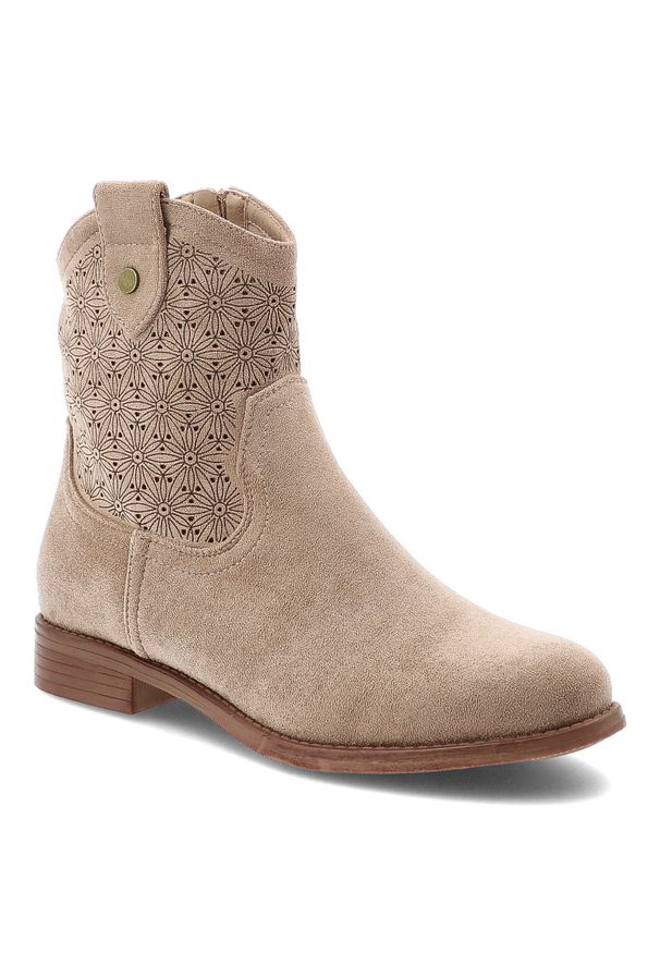 Botki damskie S.Barski, cholewka z materiału ażurowe wykończenie krótka cholewka fason zapinany na suwak pętla z tyłu stabilna niska podeszwa prosta. Kolor: beżowy. Materiał: materiał. Szerokość cholewki: normalna. Wzór: ażurowy. Sezon: wiosna, jesień. Obcas: na obcasie. Styl: elegancki, klasyczny. Wysokość obcasa: niski