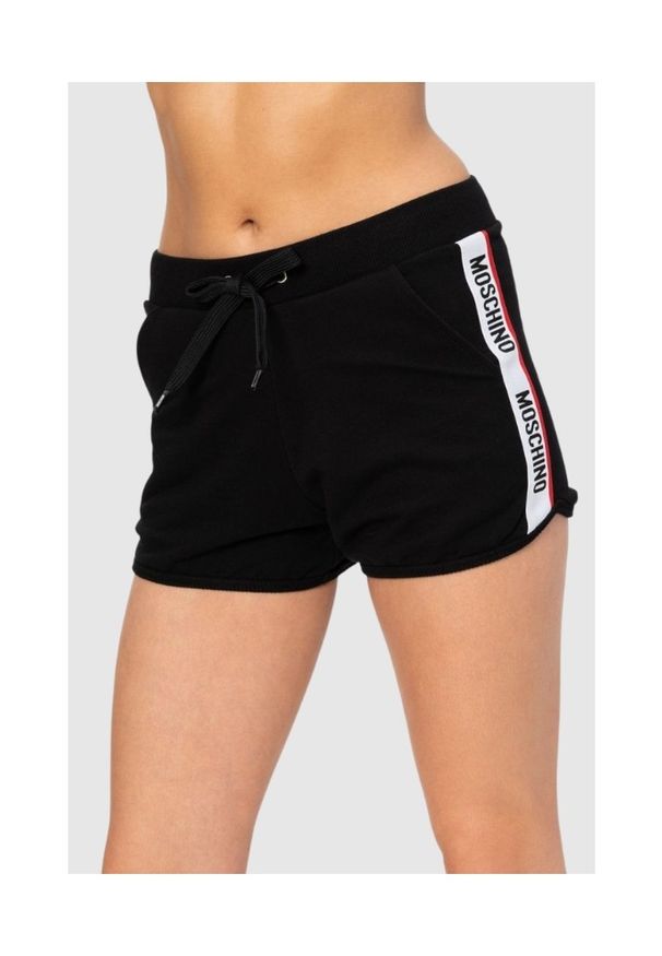 MOSCHINO Czarne szorty damskie z lampasami, Rozmiar XS. Kolor: czarny. Materiał: prążkowany, bawełna. Wzór: aplikacja