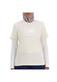 Koszulka New Balance WT41502LIN - beżowa. Kolor: beżowy. Materiał: bawełna. Długość rękawa: krótki rękaw. Długość: krótkie. Wzór: napisy #1