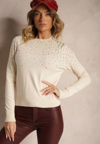 Renee - Beżowy Casualowy Sweter z Wiskozą z Ozdobnymi Detalami z Cyrkonii Edaloriae. Okazja: na co dzień. Kolor: beżowy. Materiał: wiskoza. Długość rękawa: długi rękaw. Długość: długie. Styl: casual