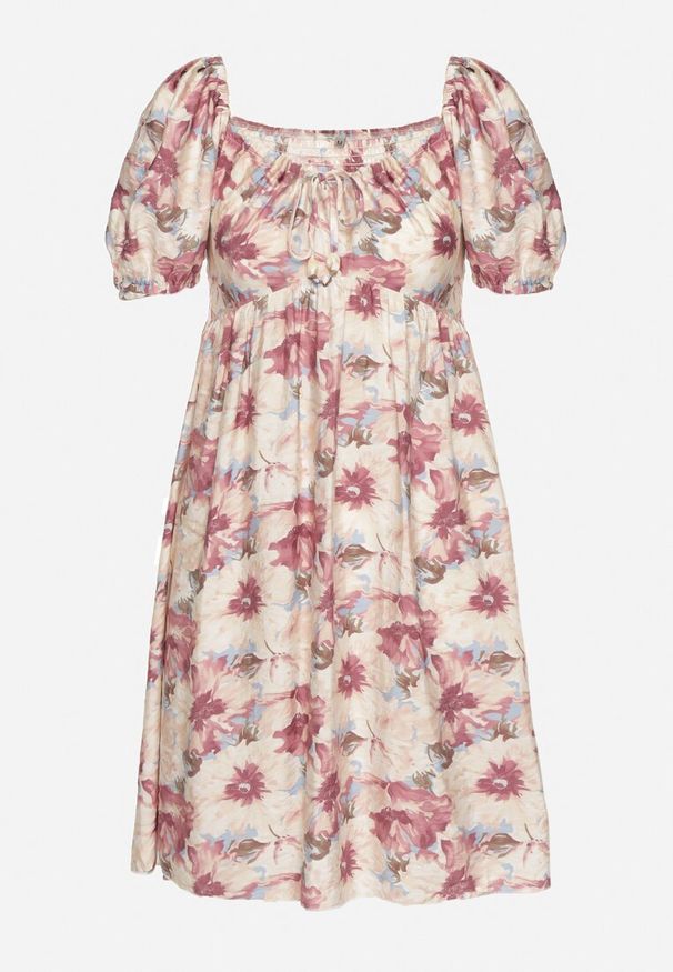 Born2be - Różowa Sukienka z Bufiastymi Rękawami i Wiązaniem przy Dekolcie z Gumką na Plecach Vikninna. Okazja: na randkę, na co dzień. Kolor: różowy. Materiał: jeans. Wzór: aplikacja, kwiaty. Sezon: lato. Styl: casual