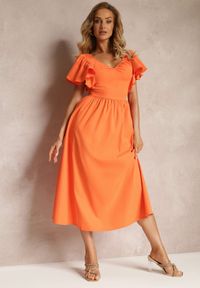 Renee - Pomarańczowa Taliowana Sukienka Maxi z Falbanami Giftis. Kolor: pomarańczowy. Wzór: aplikacja. Długość: maxi #2