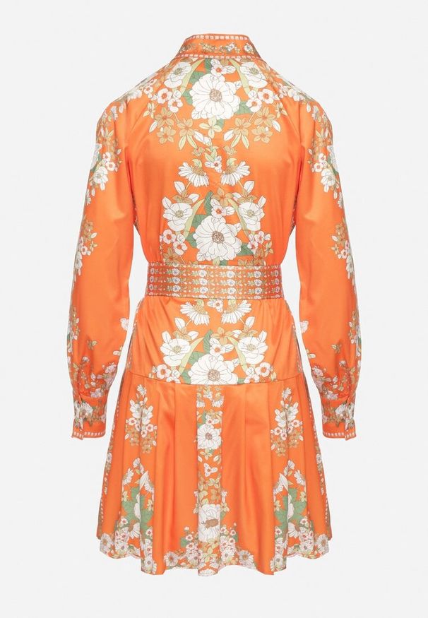 Born2be - Pomarańczowa Sukienka Koszulowa w Kwiatowy Wzór z Bufiastymi Rękawami i Paskiem Aladira. Okazja: na co dzień. Kolor: pomarańczowy. Wzór: kwiaty. Typ sukienki: koszulowe. Styl: casual, elegancki
