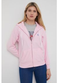 Polo Ralph Lauren bluza 211780303013 damska kolor różowy z kapturem gładka. Okazja: na co dzień. Typ kołnierza: kaptur, polo. Kolor: różowy. Materiał: dzianina. Wzór: gładki. Styl: casual #1