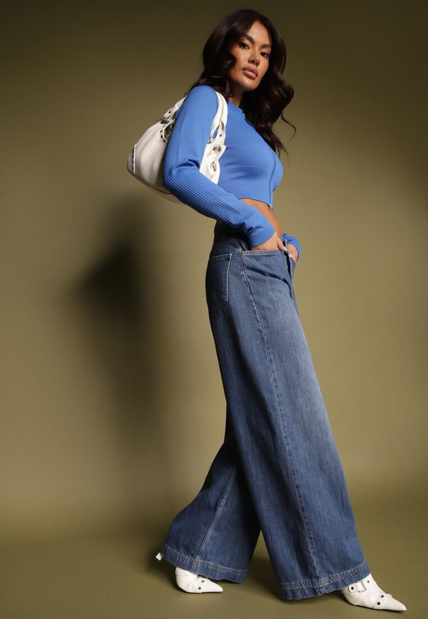 Renee - Niebieskie Jeansy z Bawełny o Szerokim Kroju High Waist Reanielis. Okazja: na co dzień. Stan: podwyższony. Kolor: niebieski. Styl: wizytowy, elegancki, casual