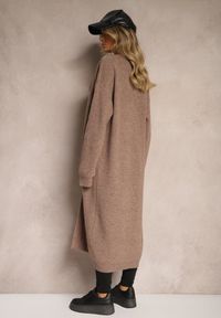 Renee - Brązowy Nierozpinany Casualowy Kardigan o Długim Kroju Ozdobiony Ściągaczami Arfilia. Okazja: na co dzień. Kolor: beżowy. Materiał: jeans. Długość: długie. Wzór: aplikacja. Styl: casual #4
