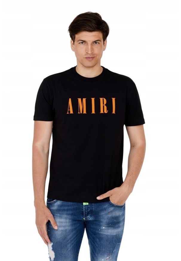 Amiri - AMIRI T-shirt męski czarny z pomarańczowym logo, Rozmiar XXL. Kolor: czarny