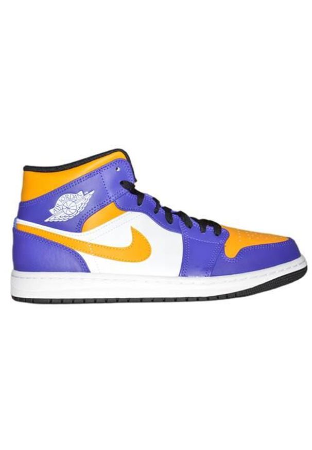 Buty do chodzenia męskie Nike Air Jordan 1 los angeles lakers. Zapięcie: sznurówki. Kolor: żółty, biały, wielokolorowy, fioletowy. Materiał: skóra, syntetyk, materiał. Szerokość cholewki: normalna. Model: Nike Air Jordan. Sport: turystyka piesza