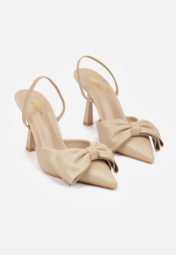 Renee - Ciemnobeżowe Sandały na Szpilce Slingback Ozdobione Kokardą Terrafera. Kolor: beżowy. Materiał: jeans. Wzór: aplikacja. Obcas: na szpilce. Styl: elegancki, klasyczny