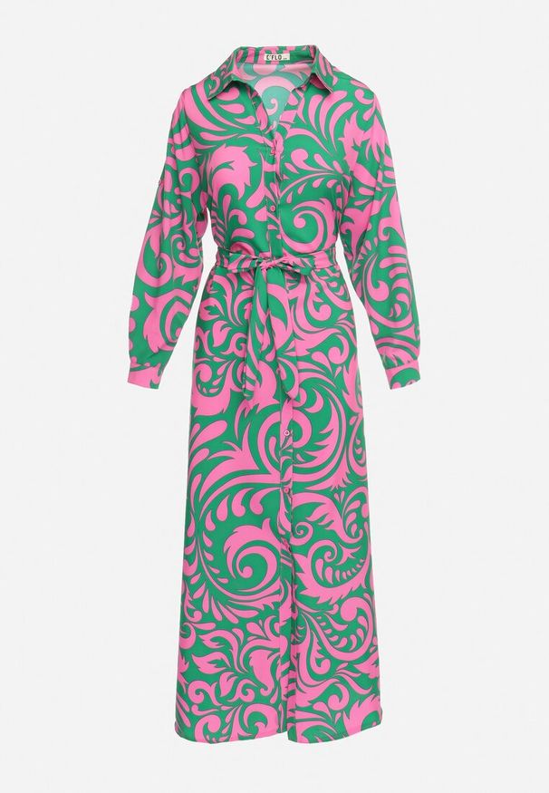 Born2be - Zielono-Różowa Koszulowa Sukienka Maxi z Materiałowym Paskiem w Abstrakcyjne Wzory Terins. Kolor: zielony. Materiał: materiał. Typ sukienki: koszulowe. Długość: maxi