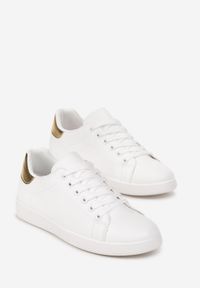 Born2be - Biało-Złote Wiązane Sneakersy na Płaskiej Podeszwie z Okrągłym Noskiem Adephine. Okazja: na co dzień. Nosek buta: okrągły. Kolor: biały. Obcas: na płaskiej podeszwie #5
