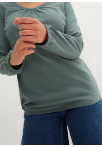 bonprix - Bluzka bawełniana z czystej bawełny z długim rękawem i gumką. Typ kołnierza: dekolt w serek. Kolor: zielony. Materiał: bawełna. Długość rękawa: długi rękaw. Długość: długie #2