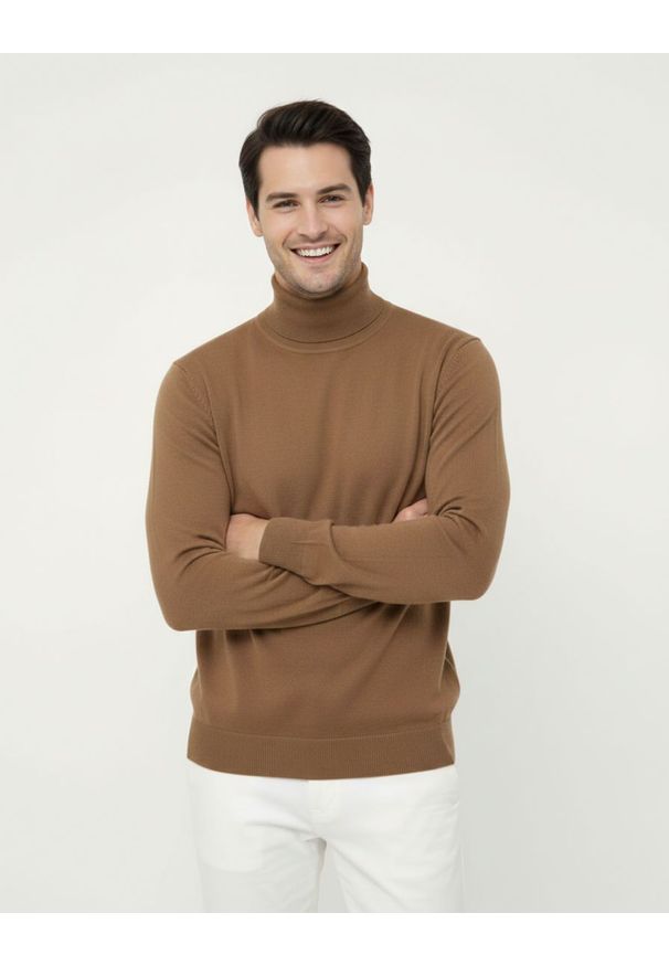 Golf, Beżowy, Sepia, Elegancki, 100% BAWEŁNA, Męski - Brave Soul. Typ kołnierza: golf. Kolor: beżowy, brązowy, wielokolorowy. Materiał: bawełna. Sezon: jesień, zima. Styl: elegancki