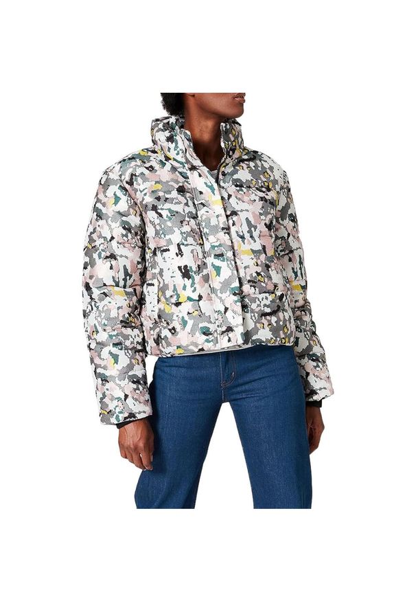 Superdry - Kurtka turystyczna damska Superdary Jacquard Puffer. Kolor: biały. Materiał: poliester. Sezon: zima, jesień. Sport: turystyka piesza
