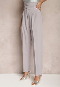 Renee - Szare Spodnie Garniturowe High Waist z Dwoma Paskami Ismera. Okazja: na spotkanie biznesowe. Stan: podwyższony. Kolor: szary. Styl: elegancki, biznesowy