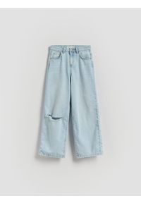 Reserved - Jeansy wide leg z przetarciem - niebieski. Kolor: niebieski