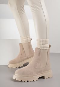 Born2be - Beżowe Botki Sztyblety na Platformie Oppore. Okazja: na co dzień. Kolor: beżowy. Materiał: jeans. Obcas: na platformie. Styl: elegancki, casual, rockowy, wizytowy. Wysokość obcasa: średni #1