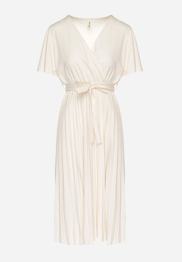 Born2be - Jasnobeżowa Sukienka Plisowana z Dekoltem w V z Paskiem w Talii Zolseki. Okazja: na co dzień. Kolor: beżowy. Styl: casual, klasyczny