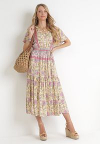 Born2be - Żółta Rozkloszowana Sukienka Midi z Gumką w Talii i Materiałowym Paskiem Shagumi. Kolor: żółty. Materiał: materiał. Sezon: wiosna, lato. Długość: midi #5