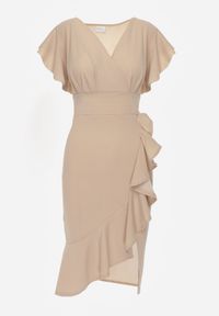 Renee - Ciemnobeżowa Kopertowa Sukienka z Trójkątnym Dekoltem i Falbankami Holana. Okazja: na randkę. Typ kołnierza: kołnierz z falbankami. Kolor: beżowy. Typ sukienki: kopertowe. Styl: elegancki #7