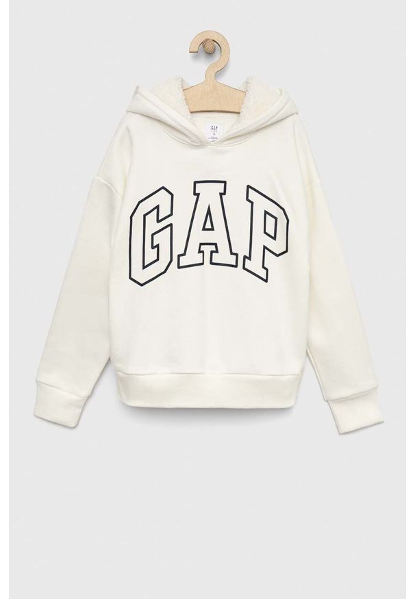 GAP bluza dziecięca kolor biały z kapturem z nadrukiem. Okazja: na co dzień. Typ kołnierza: kaptur. Kolor: biały. Wzór: nadruk. Styl: casual
