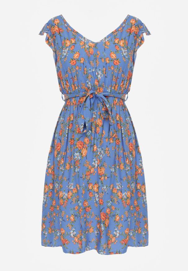 Renee - Niebieska Sukienka Mini z Wiskozy z Gumką w Talii Farlock. Kolor: niebieski. Materiał: wiskoza. Wzór: kwiaty. Długość: mini