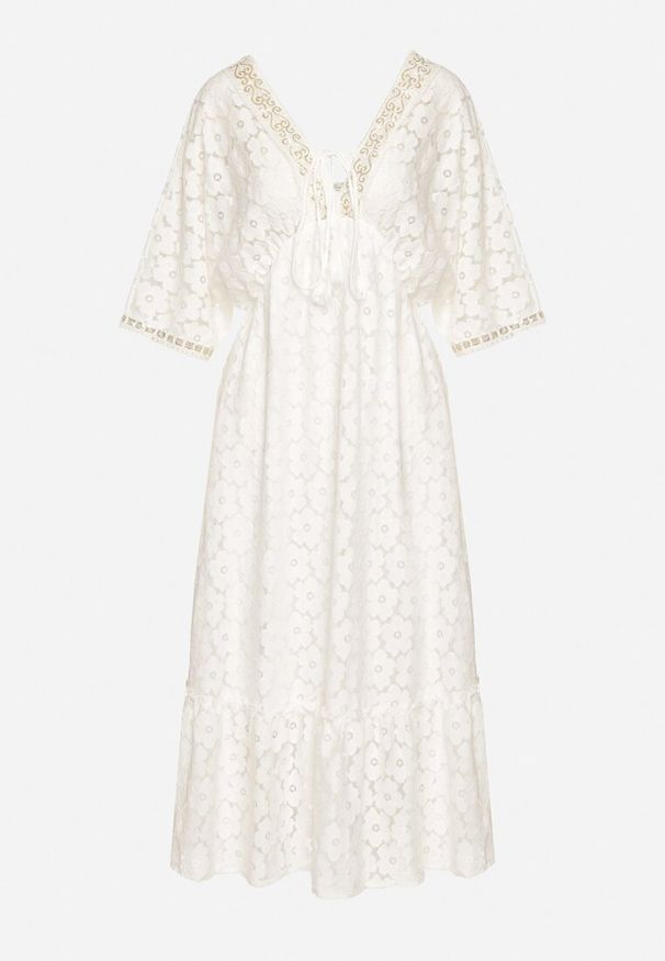 Born2be - Biała Koronkowa Taliowana Sukienka z Bawełną Gumką w Pasie i Wiązaniem przy Dekolcie Neleavia. Okazja: na co dzień, na imprezę. Typ kołnierza: dekolt w łódkę. Kolor: biały. Materiał: bawełna, koronka. Długość rękawa: krótki rękaw. Typ sukienki: proste. Styl: elegancki, casual