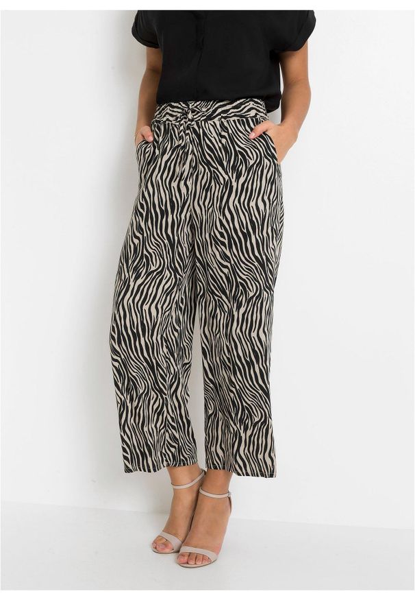 bonprix - Spodnie culotte z nadrukiem z lejącej wiskozy. Kolor: czarny. Materiał: wiskoza. Wzór: nadruk
