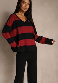 Renee - Bordowy Komplet z Dzianiny Spodnie Wide Leg i Sweter w Szerokie Pasy Falorella. Kolor: czerwony. Materiał: dzianina #2