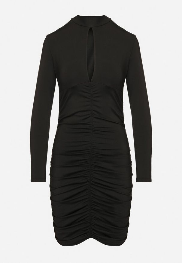 Born2be - Czarna Sukienka Dopasowana z Marszczeniami i Wycięciem na Dekolcie Zaivina. Kolor: czarny. Materiał: wiskoza. Typ sukienki: proste. Styl: wizytowy, klasyczny