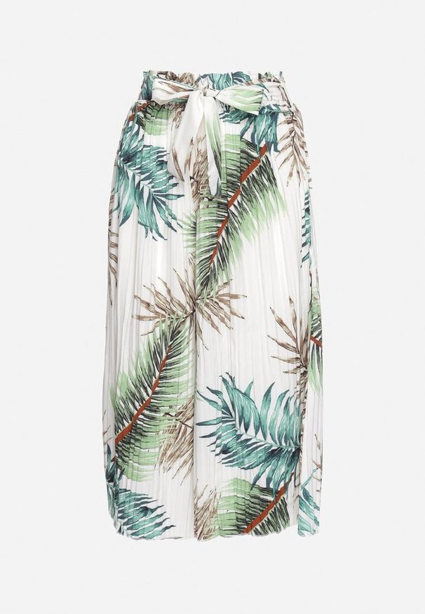 Born2be - Biało-Zielone Spodnie Plisowane Typu Palazzo z Gumką w Pasie o Długości 3/4 Hiefia. Okazja: na co dzień. Kolor: biały. Materiał: bawełna. Styl: elegancki, casual