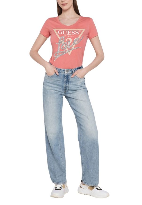 Guess - GUESS Różowy damski t-shirt Pearls Love, Rozmiar L. Kolor: różowy