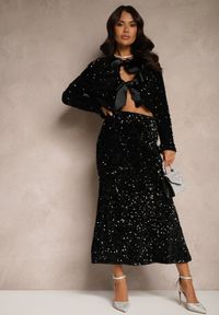 Renee - Czarna Cekinowa Spódnica w Koktajlowym Stylu Gumką w Pasie Berizola. Kolor: czarny. Wzór: gładki. Styl: wizytowy #3