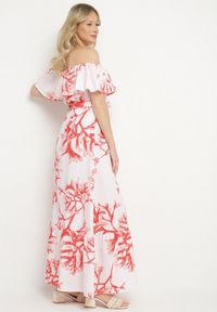 Born2be - Czerwono-Biała Sukienka Hiszpanka o Rozkloszowanym Kroju z Wiązanym Paskiem Sesiniela. Okazja: na co dzień. Typ kołnierza: dekolt hiszpanka. Kolor: czerwony. Typ sukienki: rozkloszowane. Styl: casual, elegancki #7