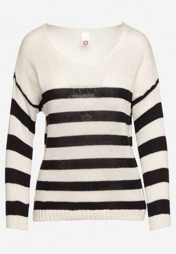 Born2be - Beżowo-Czarny Sweter w Paski z Trójkątnym Dekoltem i Długim Rękawem Oviunna. Okazja: na co dzień. Kolor: beżowy. Materiał: jeans. Długość rękawa: długi rękaw. Długość: długie. Wzór: paski. Styl: elegancki, casual