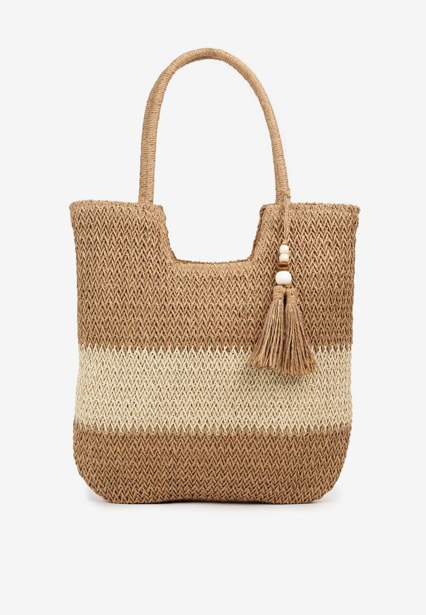 Renee - Ciemnobeżowa Torebka z Plecionki na Rączkach z Chwostami Livonia. Kolor: beżowy. Sezon: lato. Styl: wizytowy, boho, elegancki, casual